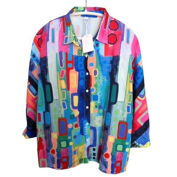 Unknown Tops - NWT Geometric Dopamine Art to wear blouse size XL Womans ruched sleeve button up
